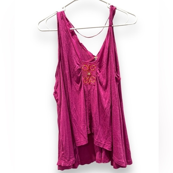 Free People Small New Vibes Tank Top Pink Beaded High Low Flowy Linen - Picture 2 of 3